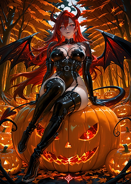 Halloween Demon Girl on Pumpkin Throne