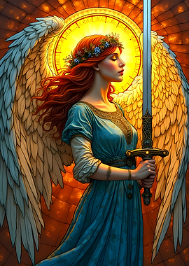 Angel with Sword and Floral Crown