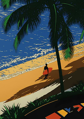 Surfer on Beach with Palm Tree