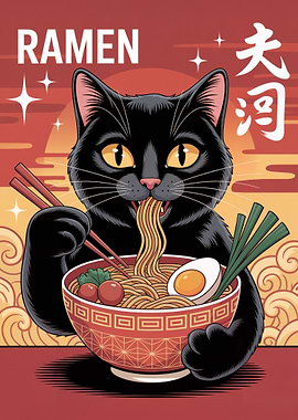 Cat eating ramen illustration