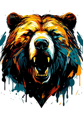 Colorful Roaring Bear Head Illustration