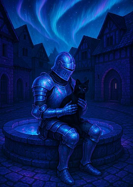 Knight and Black Cat Under Aurora
