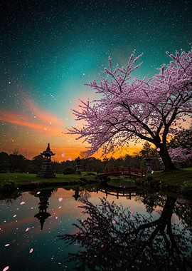 Cherry Blossom Tree at Night