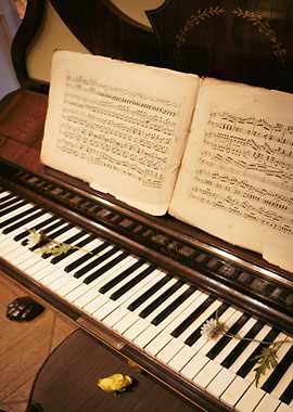Piano with Sheet Music and Flowers