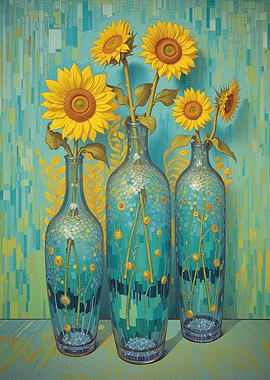 Sunflowers in patterned glass vases