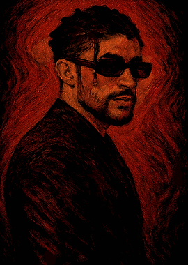 Bad Bunny Portrait in Red and Black