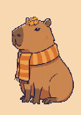 Pixel Art Capybara with Scarf and Cat