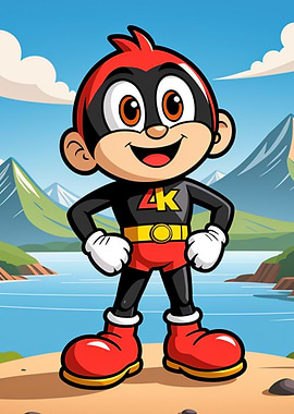 Cartoon Superhero Kid with Red Boots by Mountain Lake