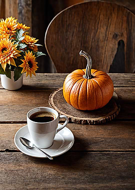 Autumn Still Life with Coffee and Pumpkin
