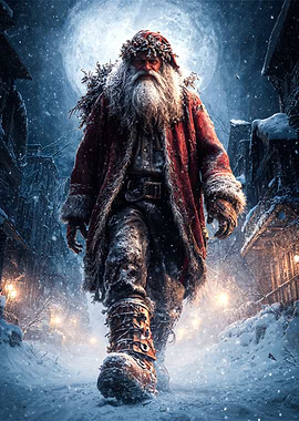 Santa Claus Walking in Snowy Village