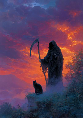 Grim Reaper and Black Cat Painting