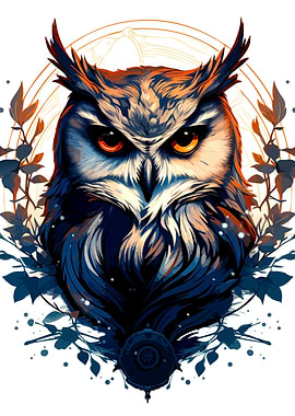 Detailed Owl Portrait with Floral Accents