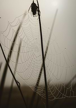 Dew-covered spiderweb in the morning mist