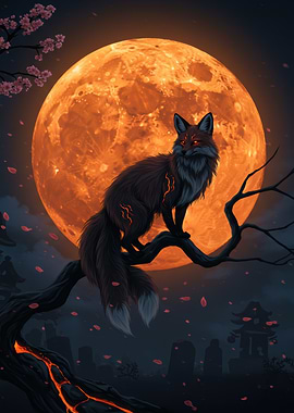 Fox on Branch with Full Moon