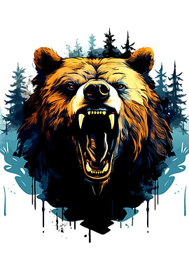 Roaring Bear Illustration with Forest Background