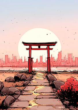 Japanese Torii Gate with Cityscape