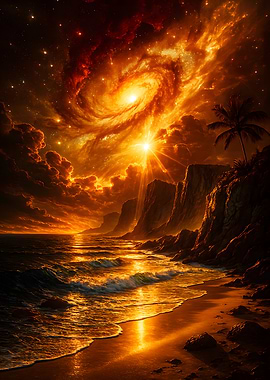 Golden Beach with Celestial Sky