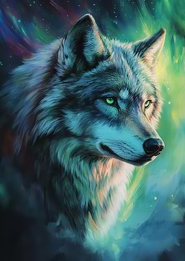 Wolf Portrait with Aurora Borealis