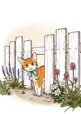 Ginger cat with bow behind fence