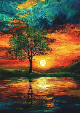 Sunset Tree Reflection Painting