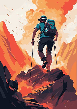 Hiker on Mountain Peak Illustration