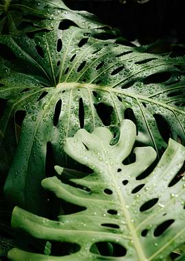 Monstera Leaves with Water Droplets