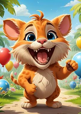 Adorable Cartoon Tiger Cub at Balloon Party