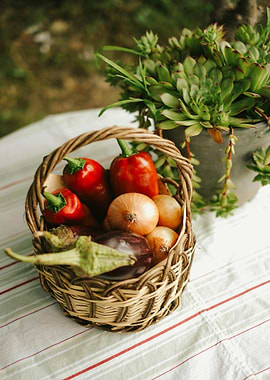 Basket of Fresh Vegetables and Plant