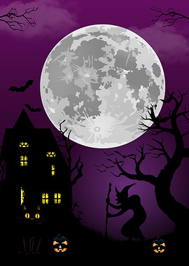 Halloween Night Scene with Witch and Moon