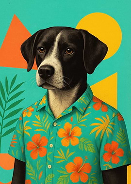 Dog in Hawaiian Shirt Portrait – Retro Tropical