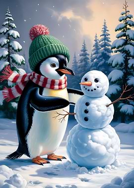 Penguin Building a Snowman in Winter