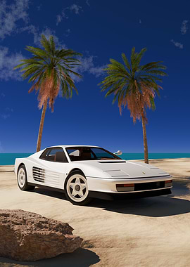 White Ferrari Testarossa on a Beach