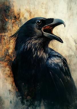 Raven Portrait with Open Beak