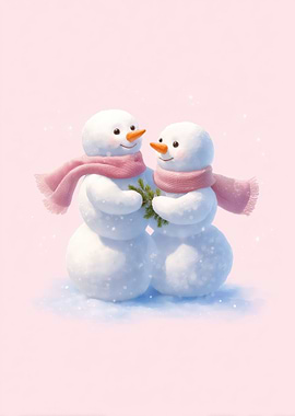 Two Snowmen with Pink Scarves