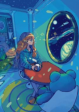 Girl Gazing at Space from Spaceship