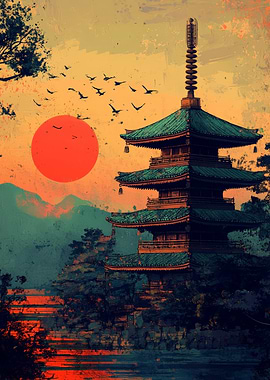 Japanese Pagoda at Sunset Painting