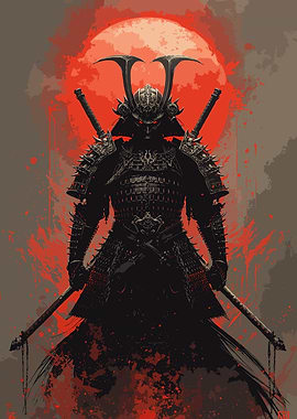 Samurai Warrior with Red Moon Painting Art