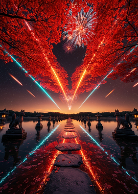 Japanese Garden with Fireworks and Neon