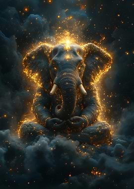 Meditating Elephant with Golden Sparkles