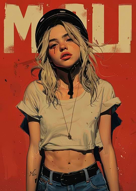 Girl with Helmet and Red Background