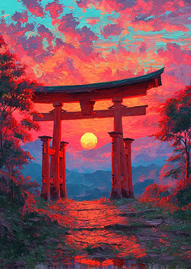 Japanese Torii Gate Sunset Painting