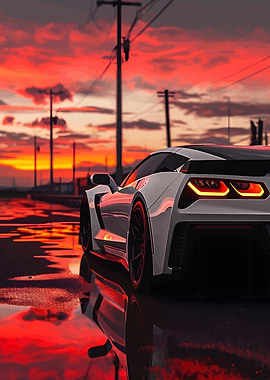 White Sports Car at Sunset