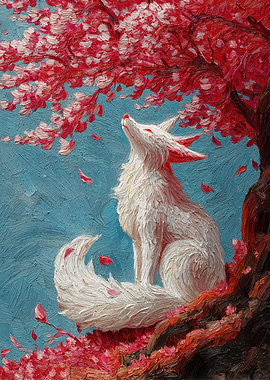 White Fox Under Cherry Blossom Tree