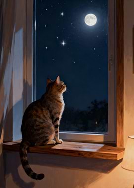 Cat gazing at the moonlit sky