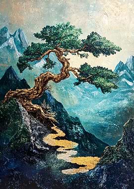 Bonsai Tree Mountain Landscape Painting