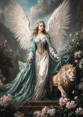 Angel of Nature with Lion in Floral Garden, Archangel Ariel