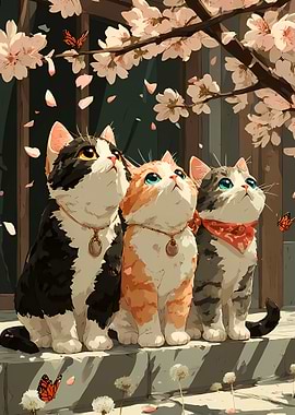 Three Cats Under Cherry Blossoms