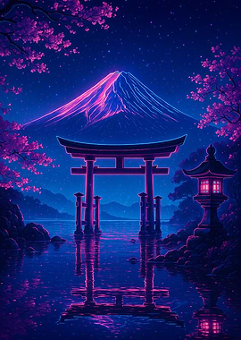 Neon Japanese Landscape with Torii Gate