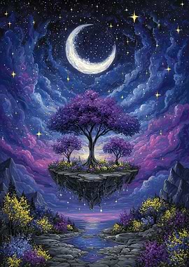 Fantasy Landscape with Floating Island and Moon
