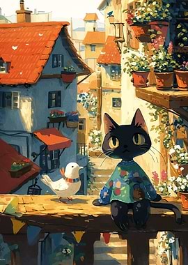 Black Cat and Bird in Town
